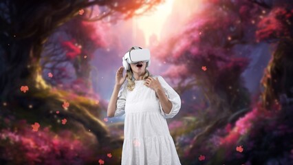 Excited smiling fantastic world woman looking around by VR in fairytale forest wonderland in pink...