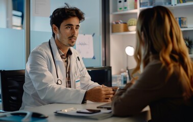 Fototapeta premium A doctor comforts a worried patient while discussing test results in the emergency room. Diseases and disorders in the health of middle-aged men