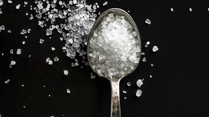 Salt is on a spoon on a black background