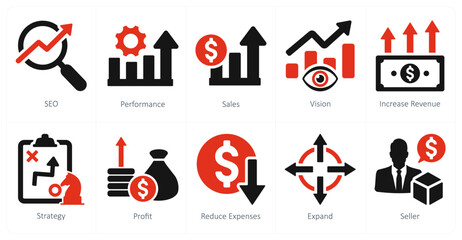 A set of 10 increase sale icons as seo, performance, sales