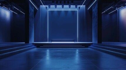 Futuristic blue stage with neon lights in empty hall
