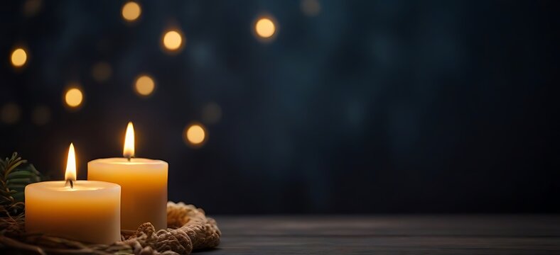 one burning candle lights at the edge of blurred festive background, decorative golden shiny candle lights copy space, Holiday,Happy New Year,Merry Christmas,Festive,party background concept