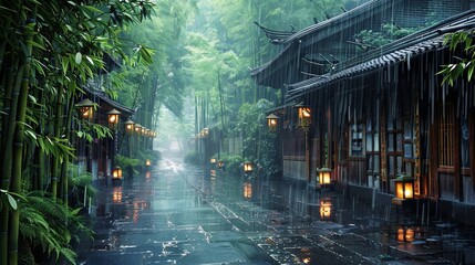 Misty evening in traditional Asian alley with bamboo and lanterns