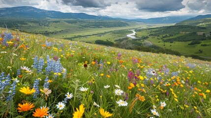 Obraz premium A field of vibrant wildflowers stretching to the horizon, a winding river cutting through, panoramic