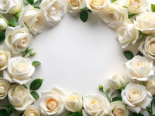 Template design with white roses and white background with copy space. Classic white roses flowers for wedding invitation. Central negative space within banner.