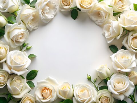 Template design with white roses and white background with copy space. Classic white roses flowers for wedding invitation. Central negative space within banner.