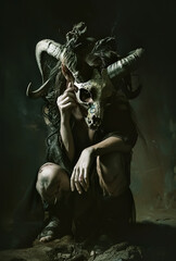 Gothic fashion, Female wearing Ram Skull sitting in the Dark, black magic, voodoo, dark light, Possessed 