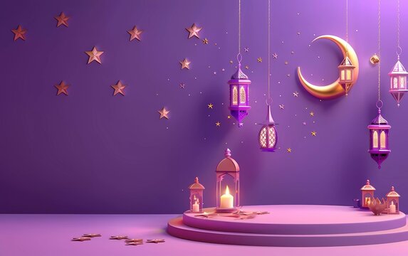 3D Podium studio room with traditional Islamic lanterns, Candles, Crescent Moon and Stars hanging on purple background, Religious Vector Background3D Podium studio room with traditional Islamic lanter