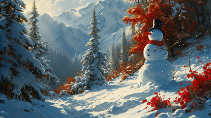 Fototapeta premium Landscape with snowman in the snow. Christmas season