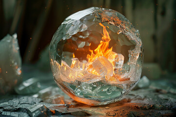 melting ice cubeburning flame encased in a crystal sphere surrealist art 3D animation Unique