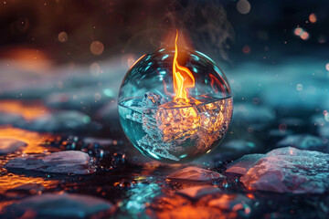 Fototapeta na wymiar melting ice cubeburning flame encased in a crystal sphere surrealist art 3D animation Unique