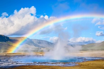 A geyser erupting under a rainbow, steam rising against a backdrop of mountains
