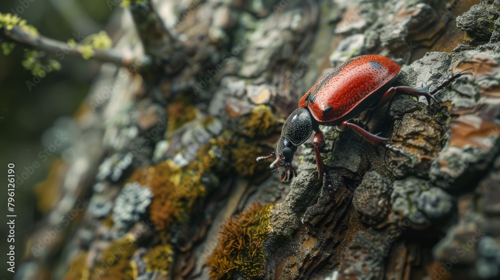 Poster A beetle exploring the textured surface of a tree trunk, its movements adding life to the forest scenery