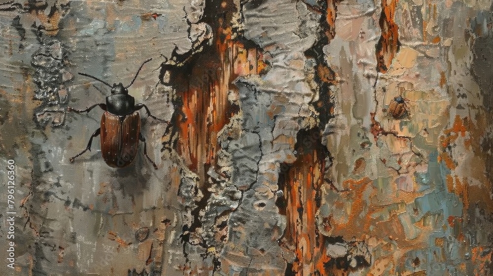 Poster A beetle exploring the textured surface of a tree trunk, its movements adding life to the forest scenery
