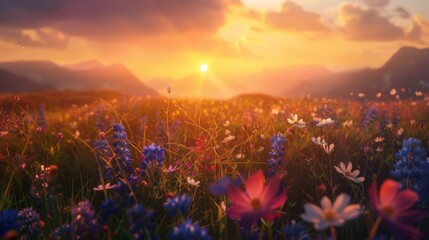 A breathtaking sunrise over a field of wildflowers, infusing the landscape with warmth and light
