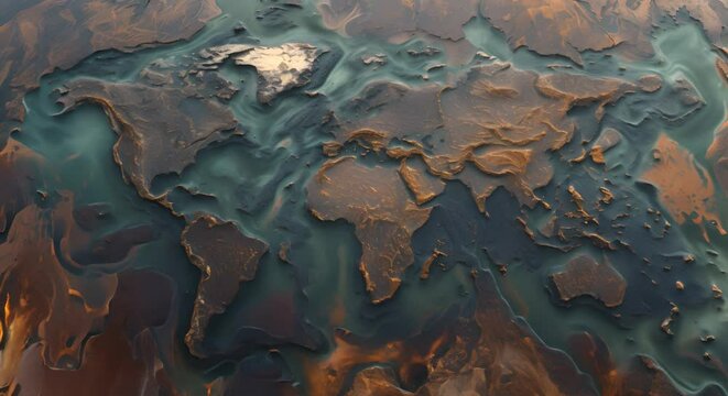 a world map eroding under the relentless assault of acid rain and environmental toxins,