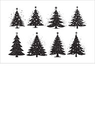 A black and white silhouettes of christmas trees with a decoration.