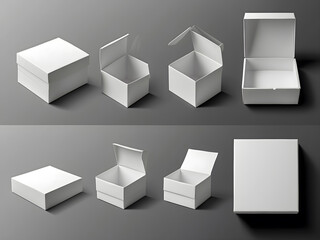 Open and close white gift boxes, white square box top view, container mockup design, empty carton package, realistic paper box, open cap, empty packages mockup 3d