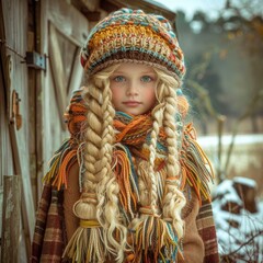 Young girl in winter clothing with a backdrop of a rustic shed and snow