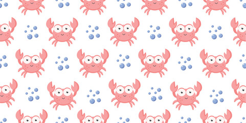 Vector seamless pattern with cute crab and bubbles on a white background