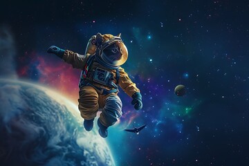 spaceship and astronaut in space  - obrazy, fototapety, plakaty