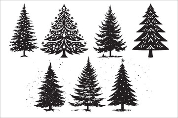 A black and white silhouettes of christmas trees with a decoration.