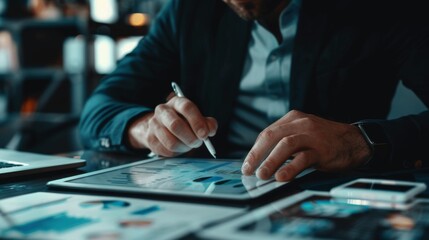 A businessman analyzing a business graph on a digital tablet, studying trends and making strategic decisions for growth and success.