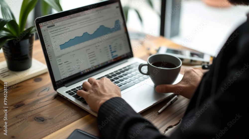 Poster a businessman analyzing a business graph on a laptop screen, with a cup of coffee nearby as he delve