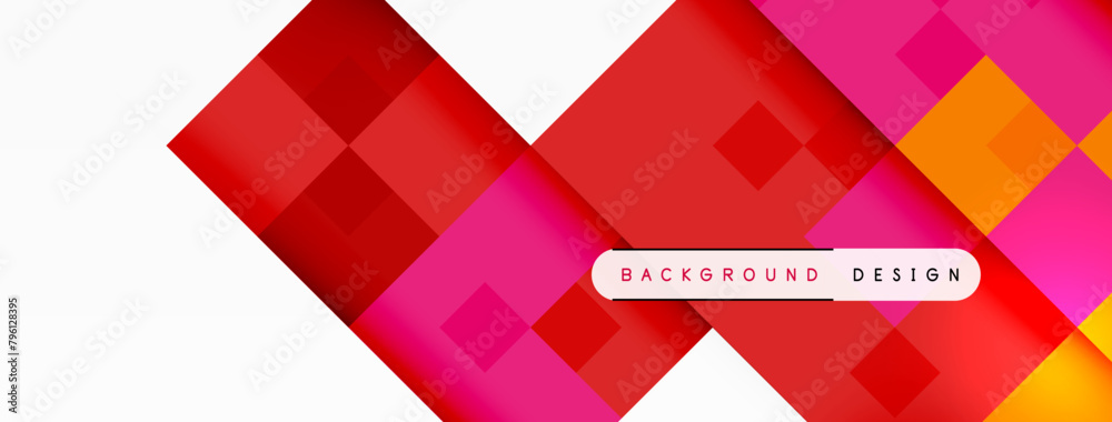 Poster the design features a vibrant pattern of rectangles, triangles, and squares in shades of pink, red, 