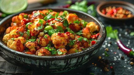 Capturing the Lively Street Food Scene with Illuminated Spiced Cauliflower Delight. Concept Street Food Culture, Spiced Cuisine, Cauliflower Delight, Lively Scenes, Illuminated Ambience