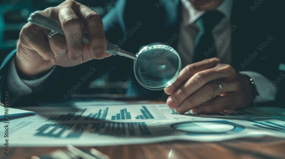 Poster A businessman analyzing a business graph printout with a magnifying glass, focusing on specific data points and trends.