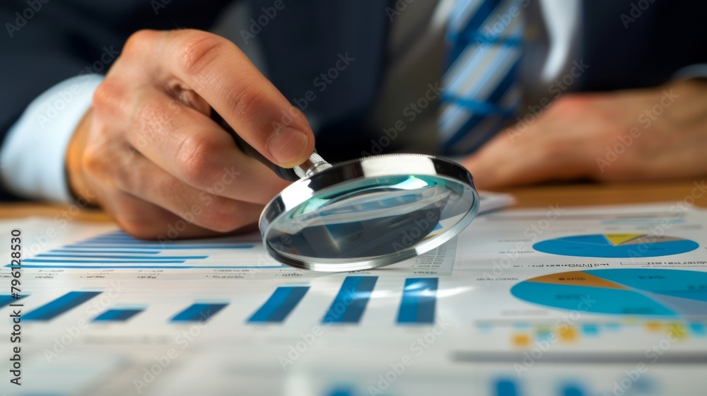 Poster A businessman analyzing a business graph printout with a magnifying glass, focusing on specific data points and trends.