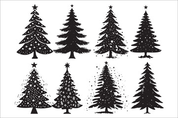 A black and white silhouettes of christmas trees with a decoration.