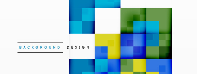 Colorfulness and symmetry are highlighted in this art piece featuring a pattern of rectangles in shades of azure, electric blue, yellow, and green on a white background