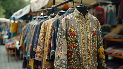 Close-up of embroidered Ukrainian traditional shirts at an outdoor Lviv flea market. Concept Ukrainian culture, Traditional fashion, Lviv flea market, Embroidered shirts, Close-up photography
