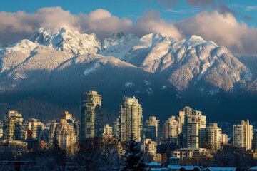 Fototapeta premium Skyline with snow-capped mountains in the background, Ai generated