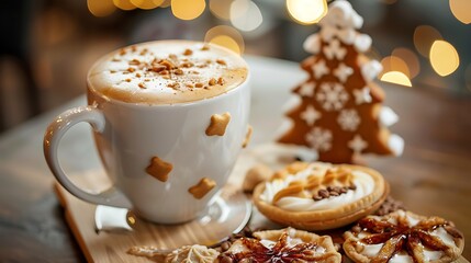 A cappuccino latte with a caramel christmas tree on top with Mince pies