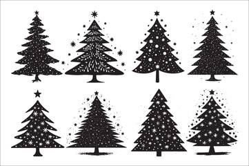 A black and white silhouettes of christmas trees with a decoration.