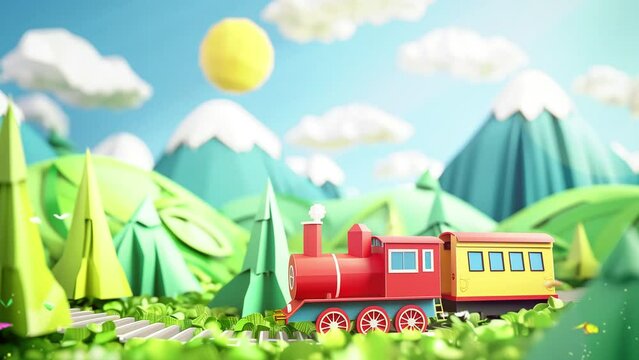 cartoon toy train green mountains paper art. seamless looping overlay 4k virtual video animation background