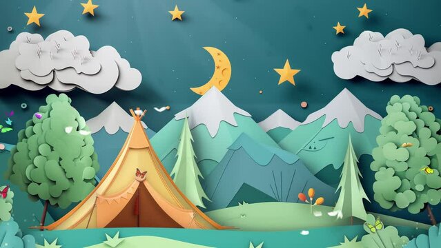 cartoon paper illustration. tent cloud mountain star. seamless looping overlay 4k virtual video animation background