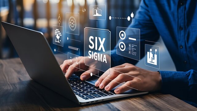 Person using Laptop With Virtual Screen Of Six Sigma