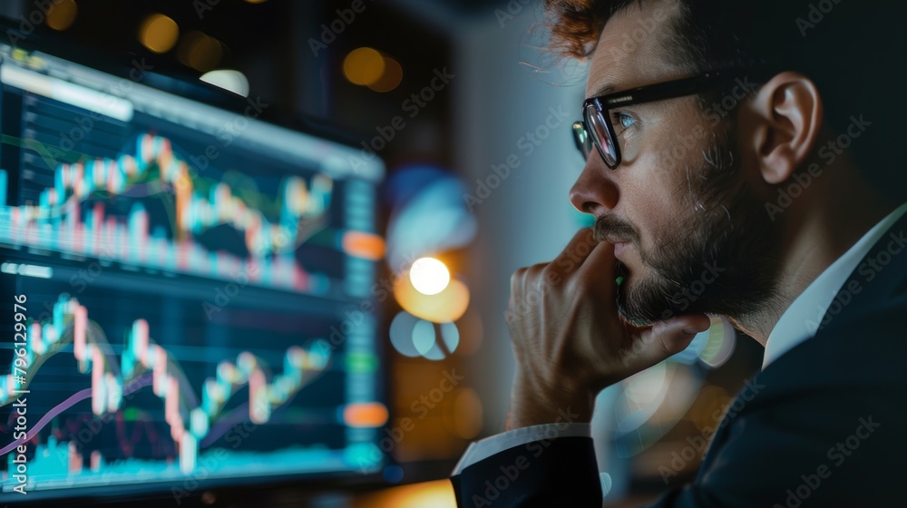 Poster a businessman studying a gold futures contract on a computer screen, managing risk in the financial 