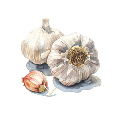 Watercolor illustration of garlic on white background - obrazy, fototapety, plakaty