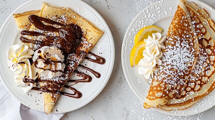 A top down shot of a plate of chocolate hazelnut spread nutella crepes with whipped cream next to another plate of lemon and powdered sugar crepes