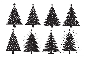 A black and white silhouettes of christmas trees with a decoration.