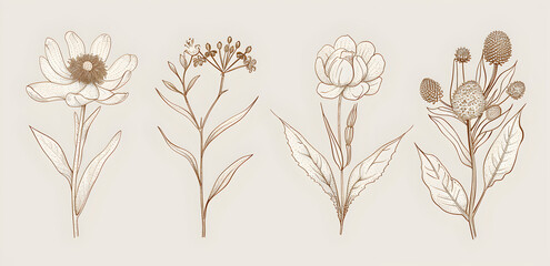 Four different types of flowers are drawn in a sepia tone. The flowers are arranged in a row, with each one slightly different from the others