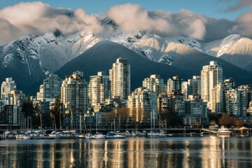 Skyline with snow-capped mountains in the background, Ai generated