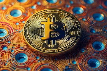 Bitcoin coin on a creative multicolored background