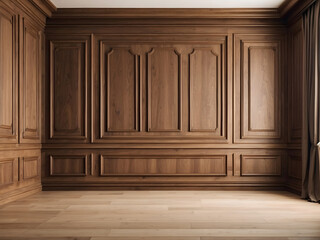 Premium style, an empty room with wooden boiserie on the wall featuring walnut wood panels. Wooden wall of an old-styled room design.