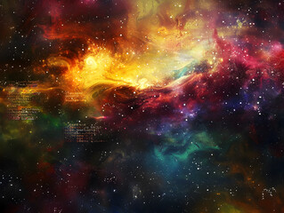 A colorful galaxy with a lot of stars and a few words in the bottom right corner. Scene is bright and cheerful, with the colors of the stars and the galaxy creating a sense of wonder and awe